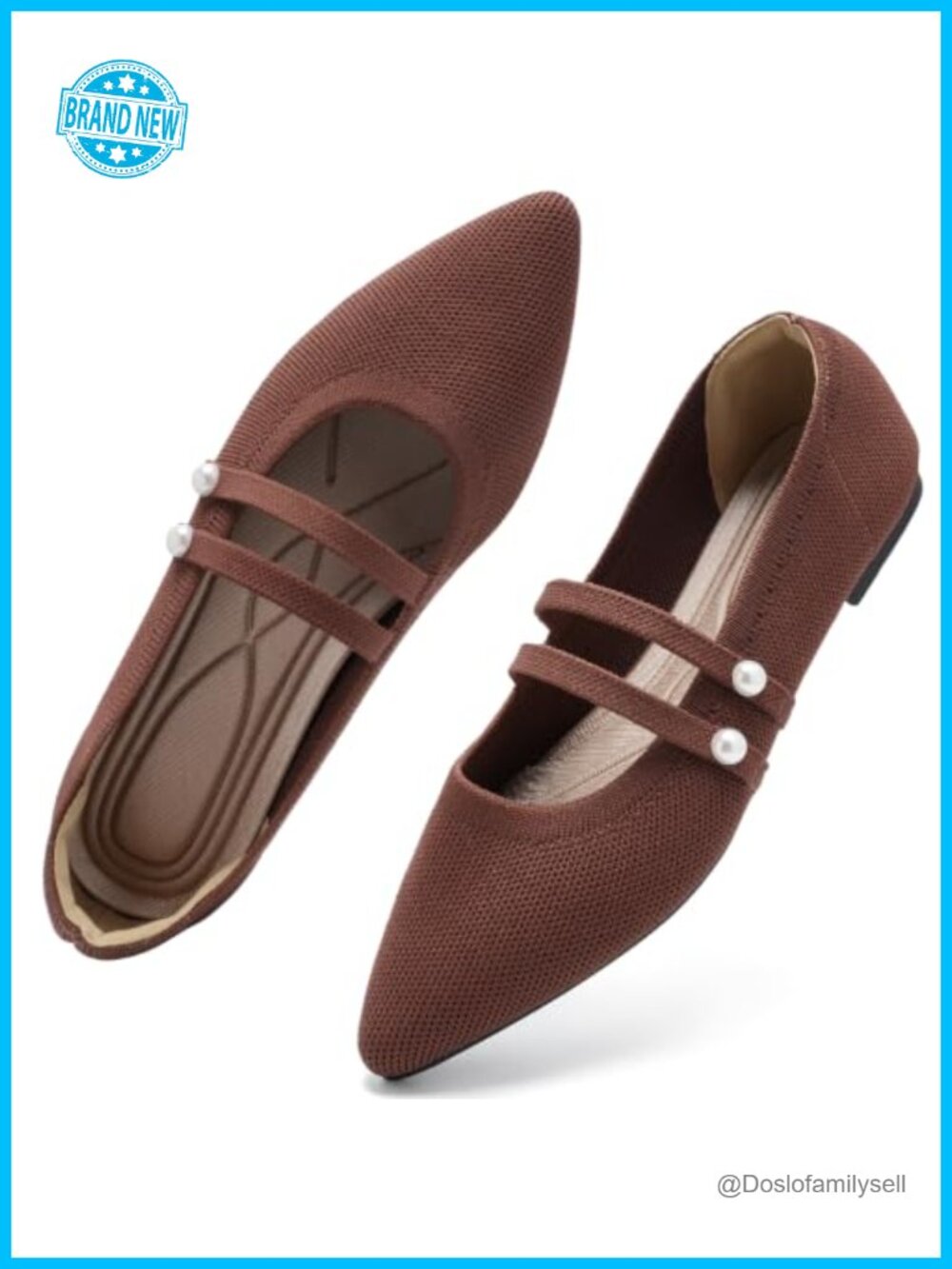 Pointed Toe Mary Jane Ballet Flats Pearl Strap Memory Foam Knit